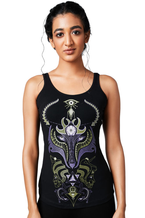 Yoga Tops Shaman Wolf Spirit Animal Racerback Black Front