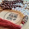 Meditation Mala 108 Beads Red Wood, Opalite Beads with Ganesha